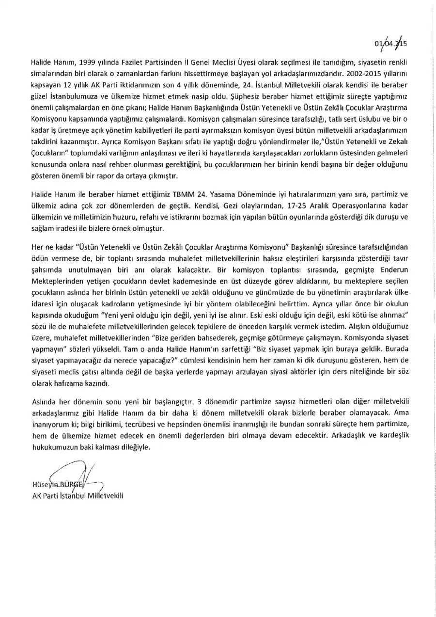 Hüseyin Bürge mektubunun ilk sayfası