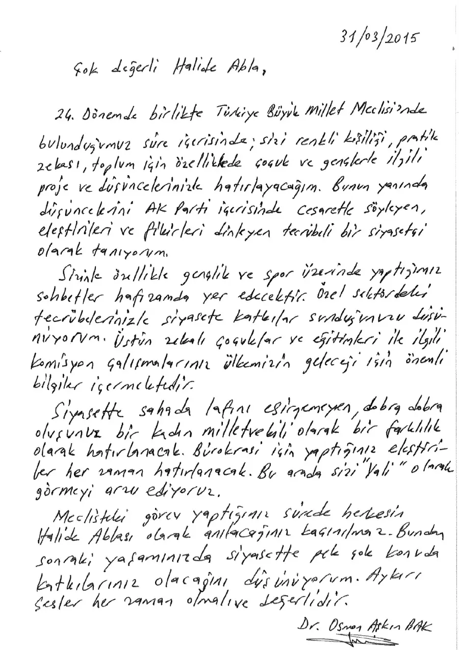 Dr. Osman Aşkın Bak mektubunun ilk sayfası