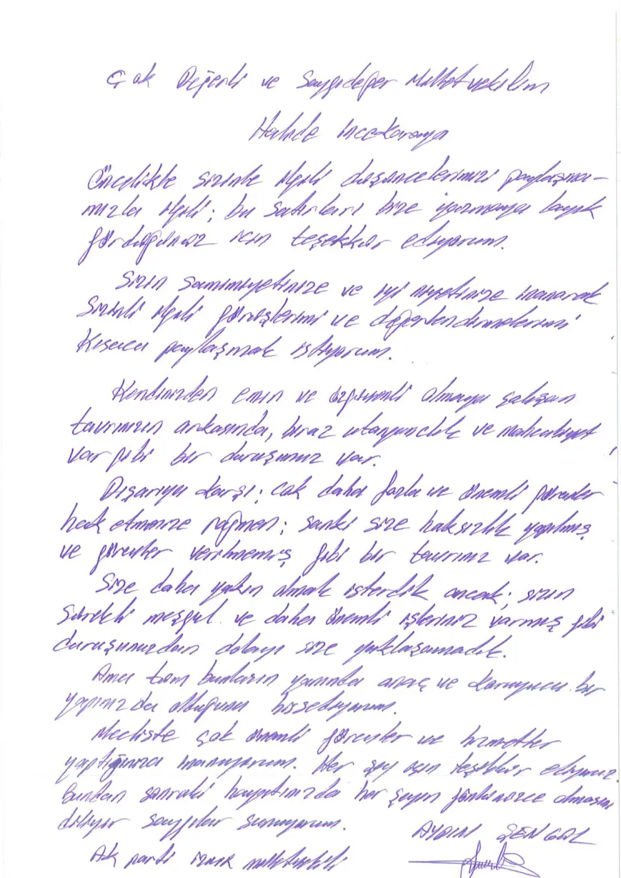 Aydın Şengül mektubunun ilk sayfası