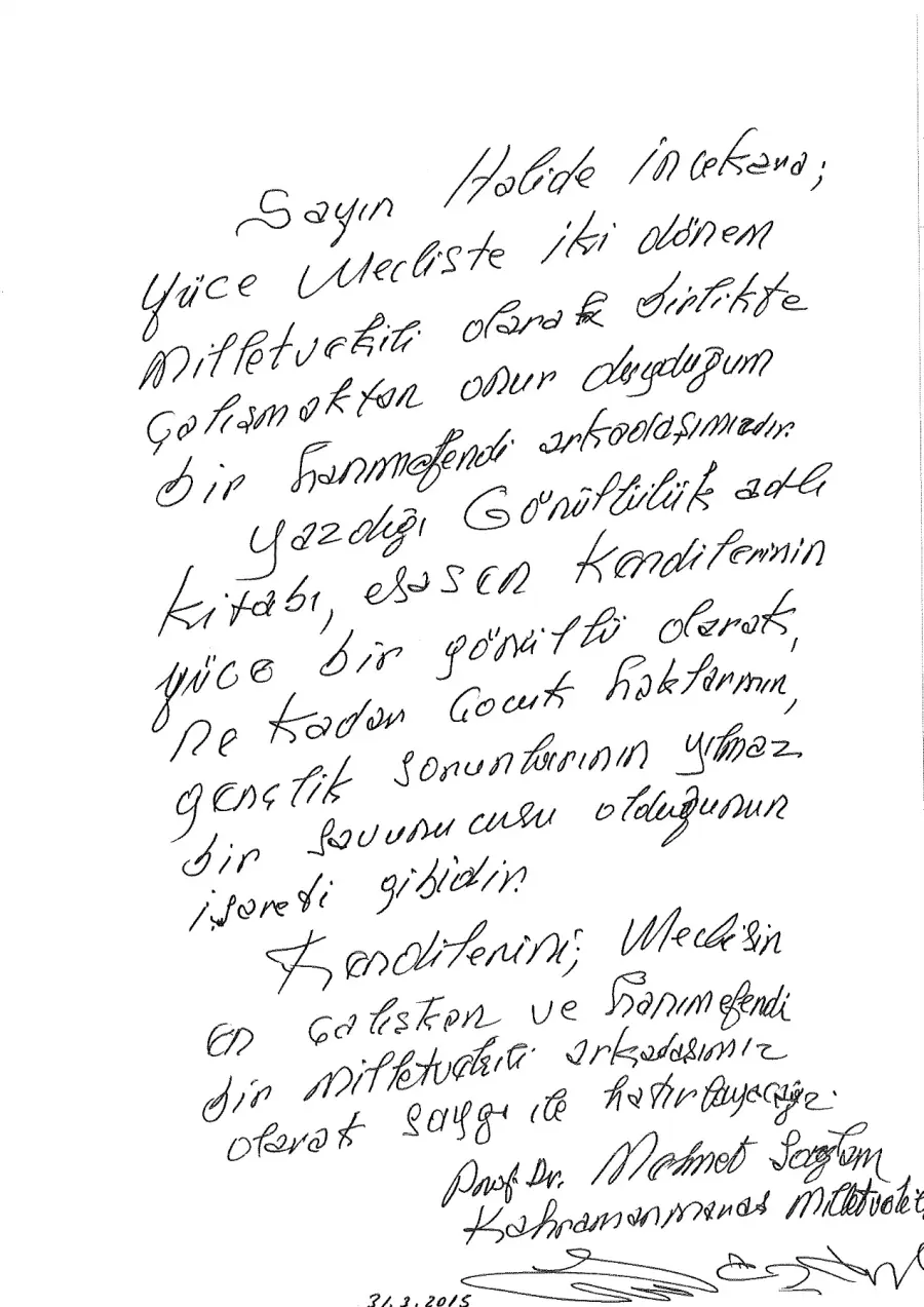 Prof. Dr. Mehmet Sağlam mektubunun ilk sayfası
