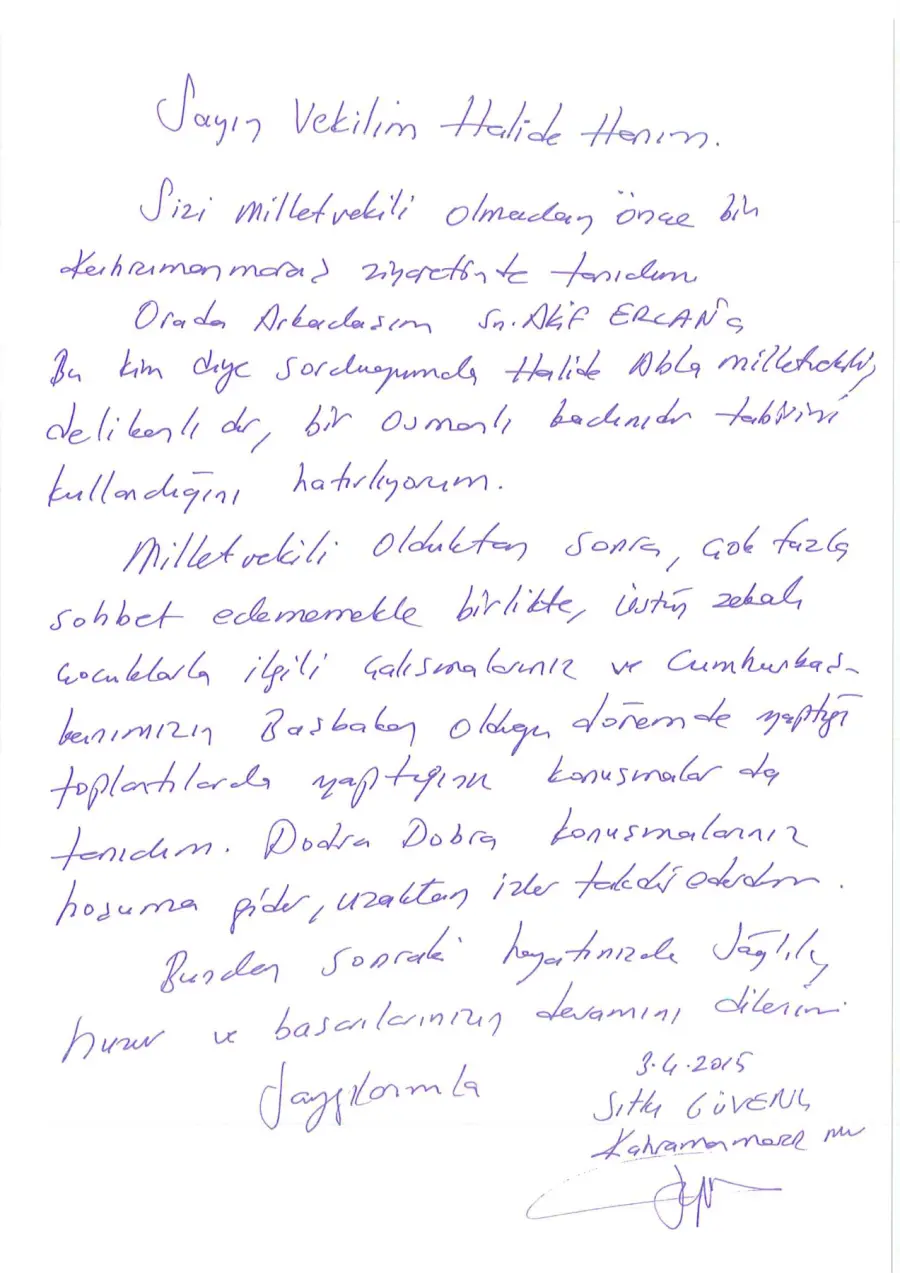 Sıtkı Güvenç mektubunun ilk sayfası