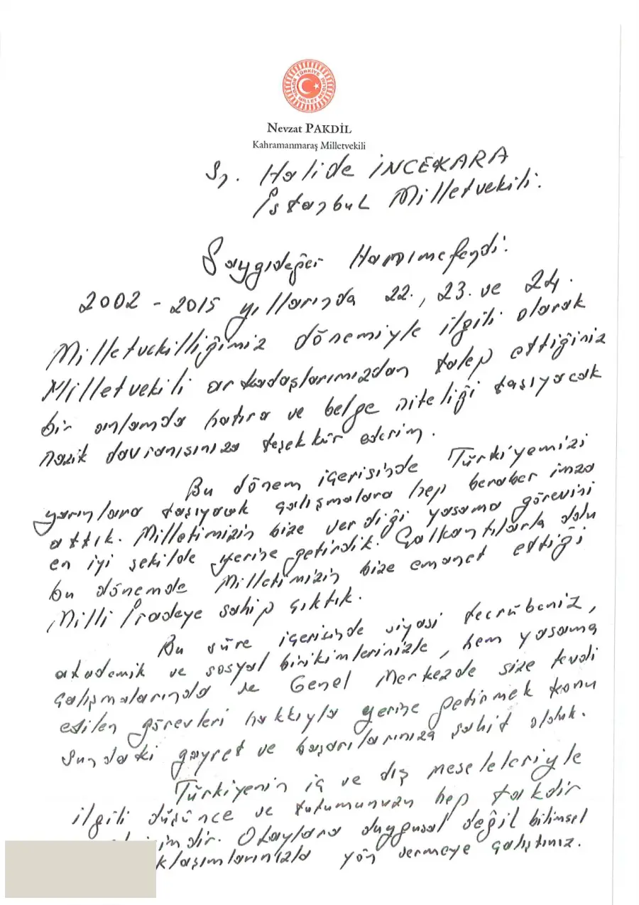 Nevzat Pakdil mektubunun ilk sayfası