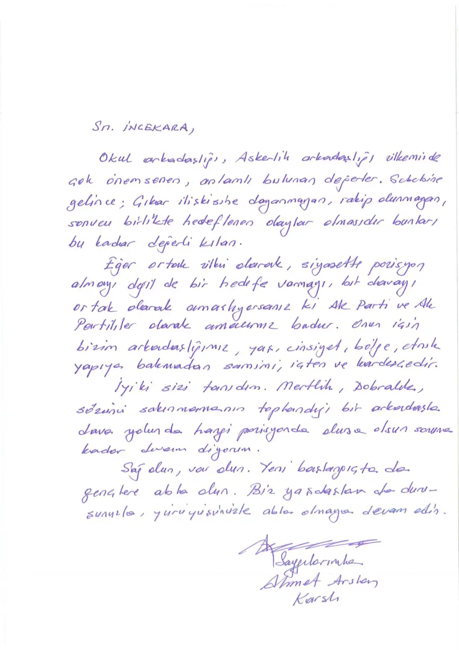 Ahmet Arslan mektubunun ilk sayfası