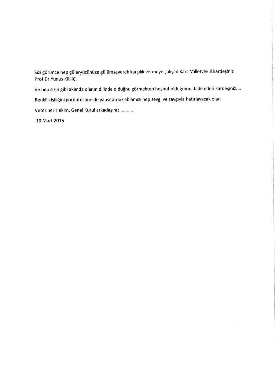 Prof. Dr. Yunus Kılıç mektubunun ilk sayfası