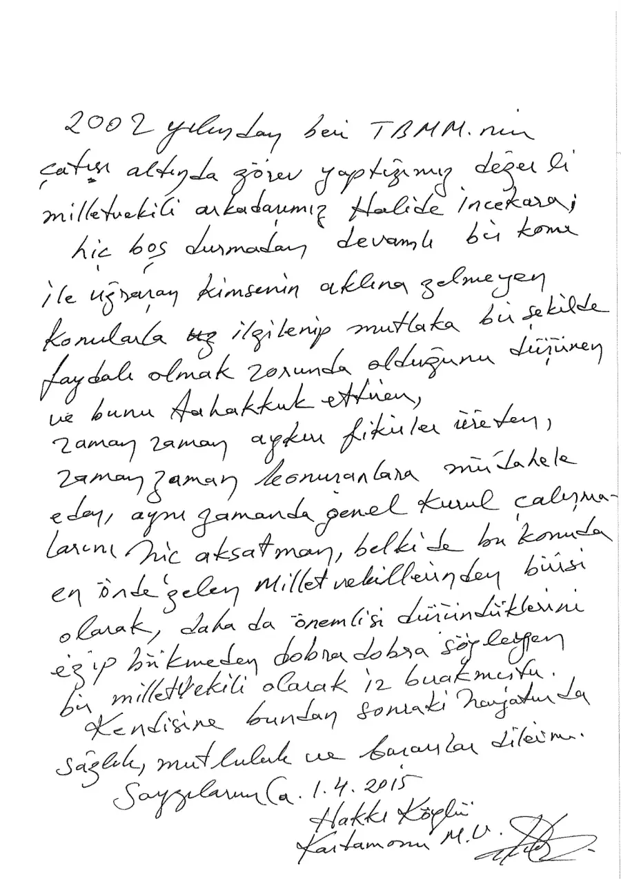 Hakkı Köylü mektubunun ilk sayfası