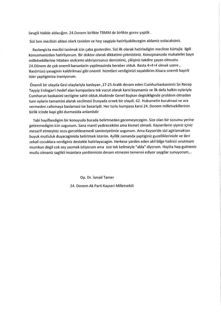 Op. Dr. İsmail Tamer mektubunun ilk sayfası