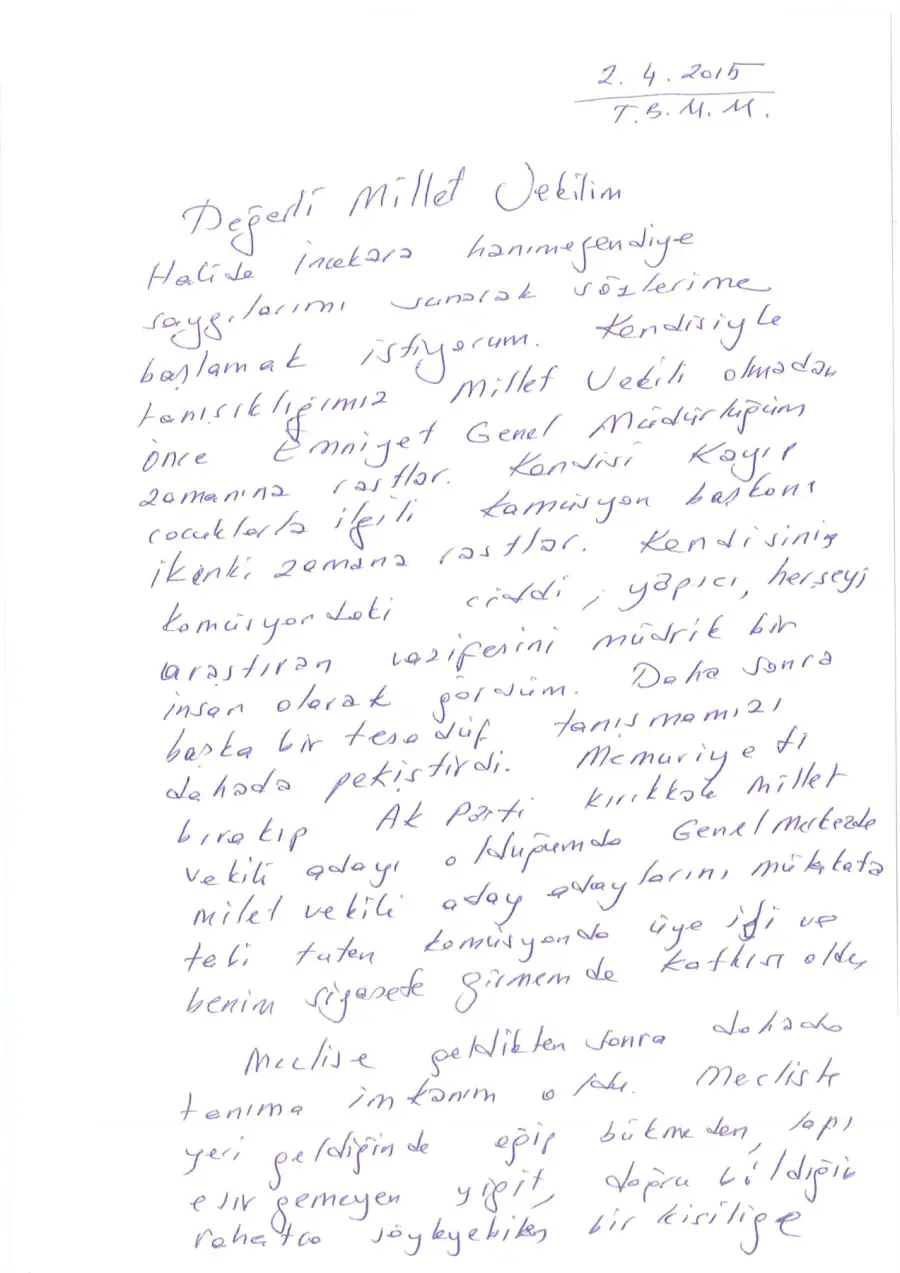 Oğuz Kağan Köksal mektubunun ilk sayfası