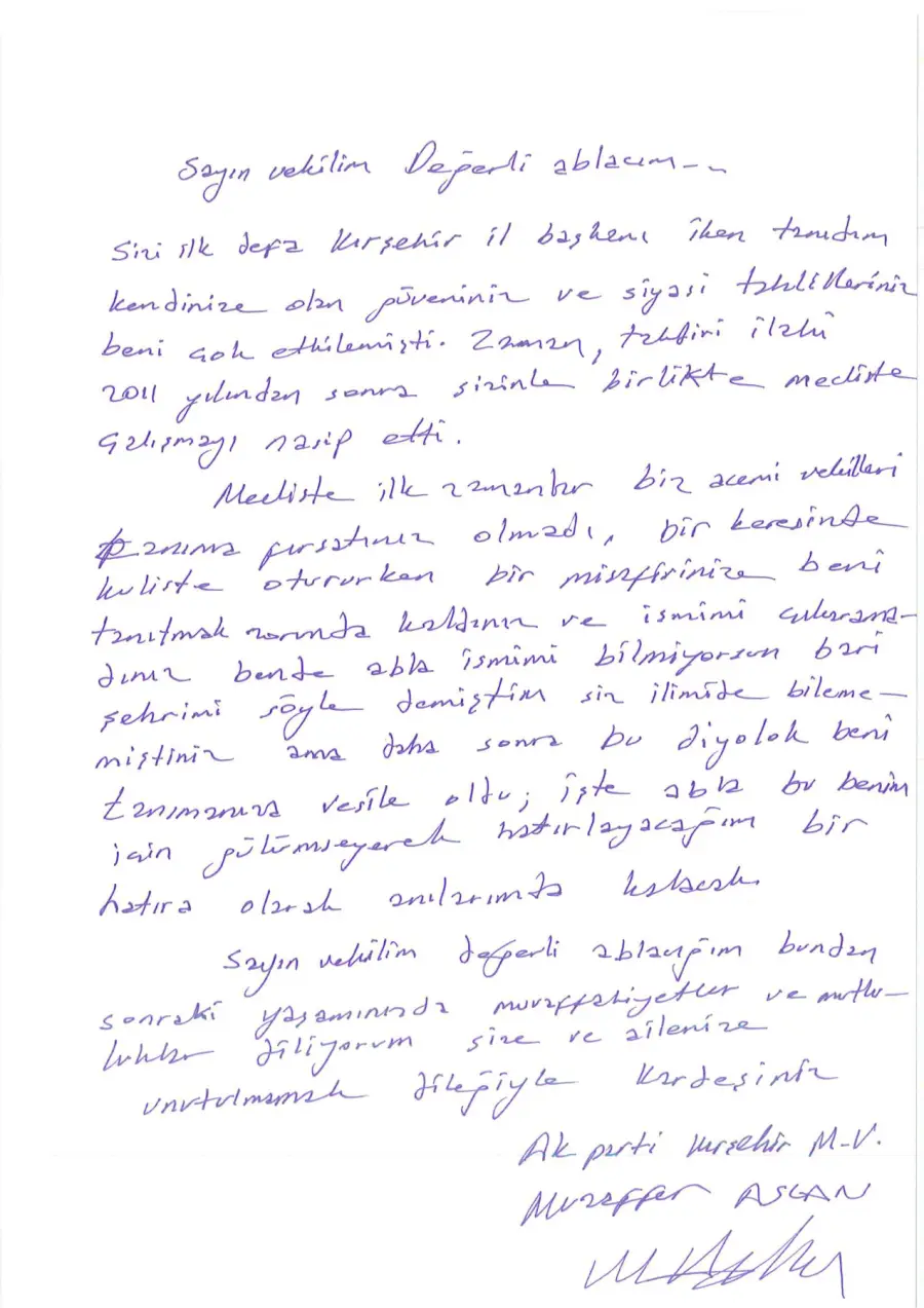 Muzaffer Aslan mektubunun ilk sayfası