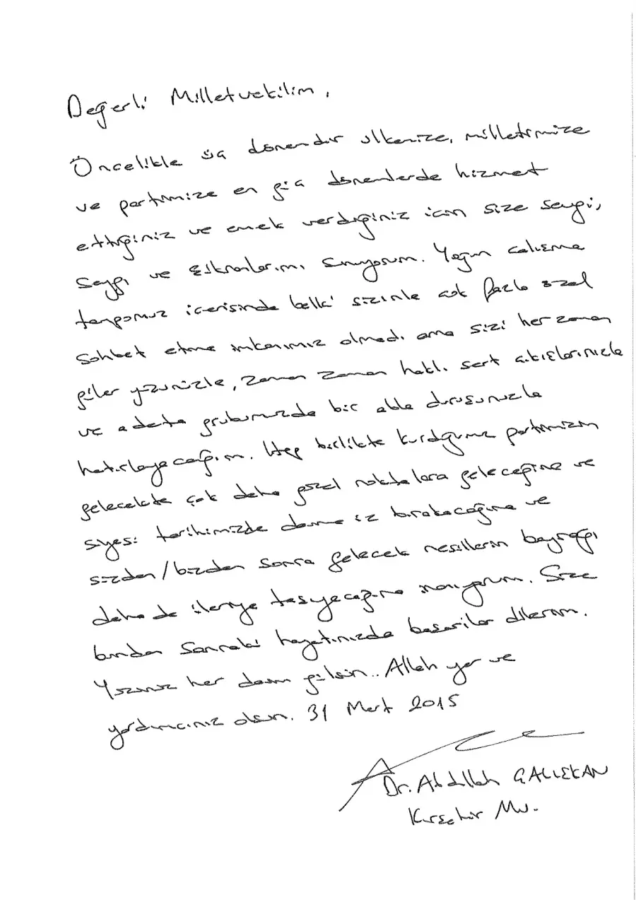 Dr. Abdullah Çalışkan mektubunun ilk sayfası