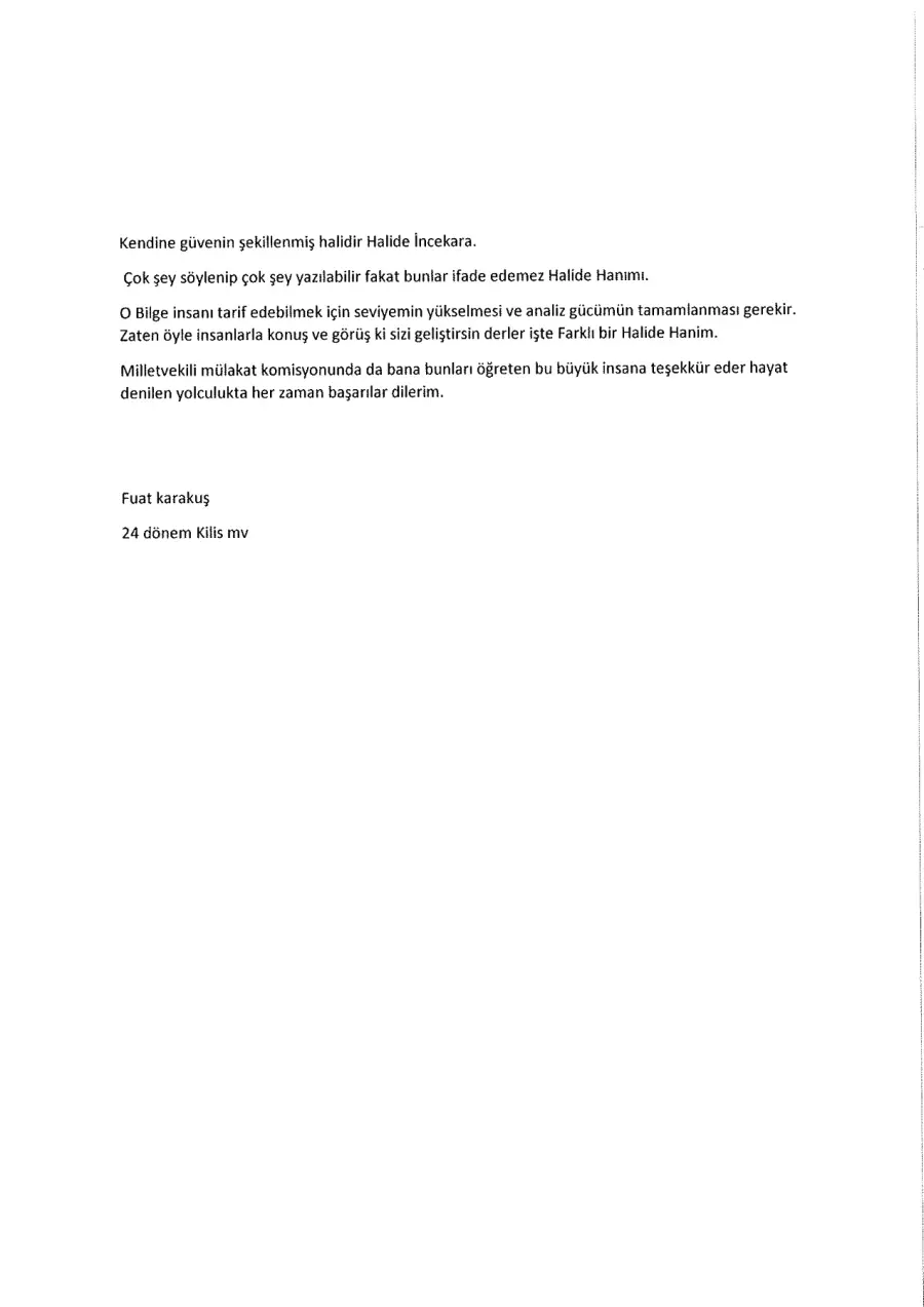 Fuat Karakuş mektubunun ilk sayfası