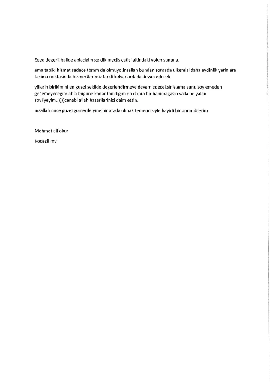 Mehmet Ali Okur mektubunun ilk sayfası