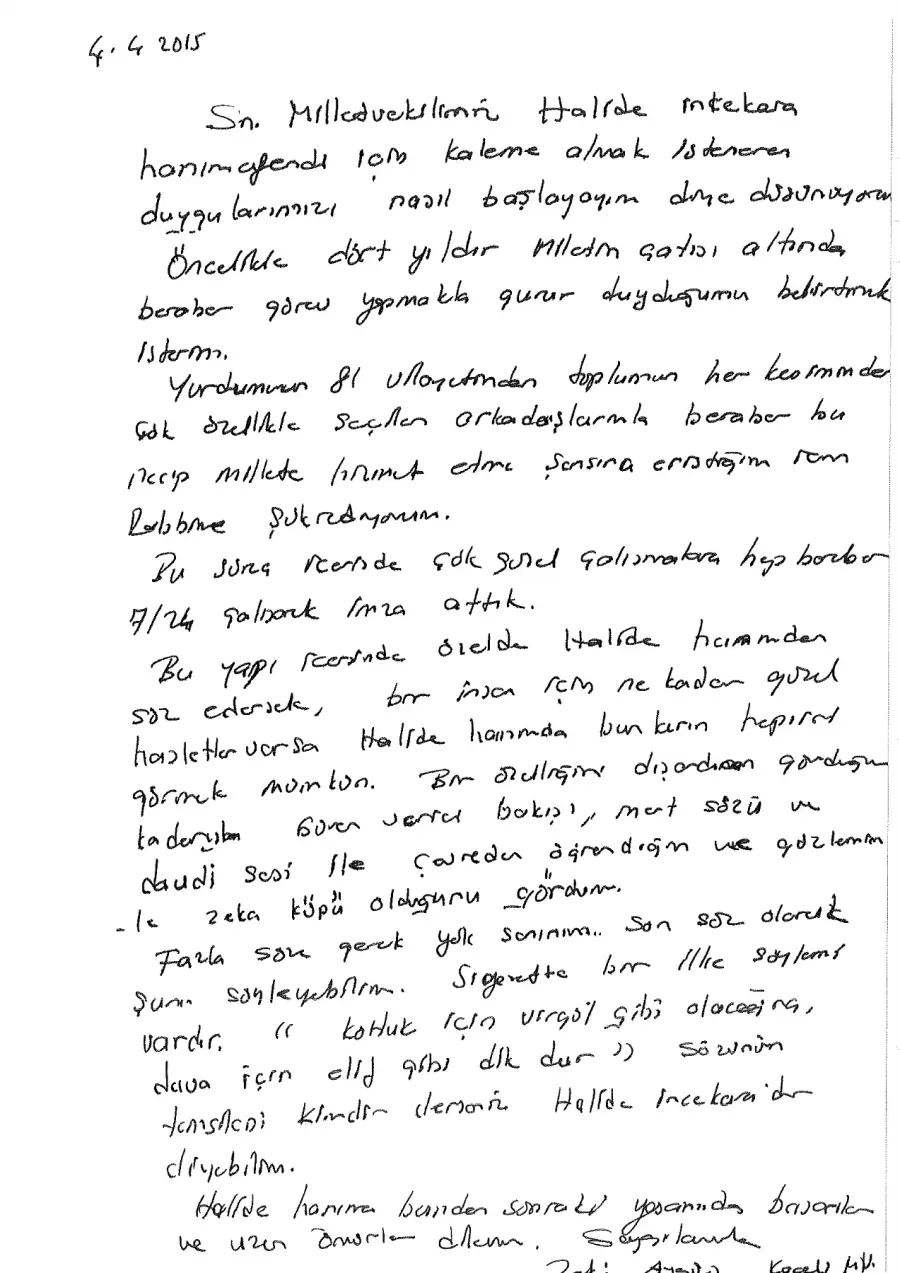 Zeki Aygün mektubunun ilk sayfası