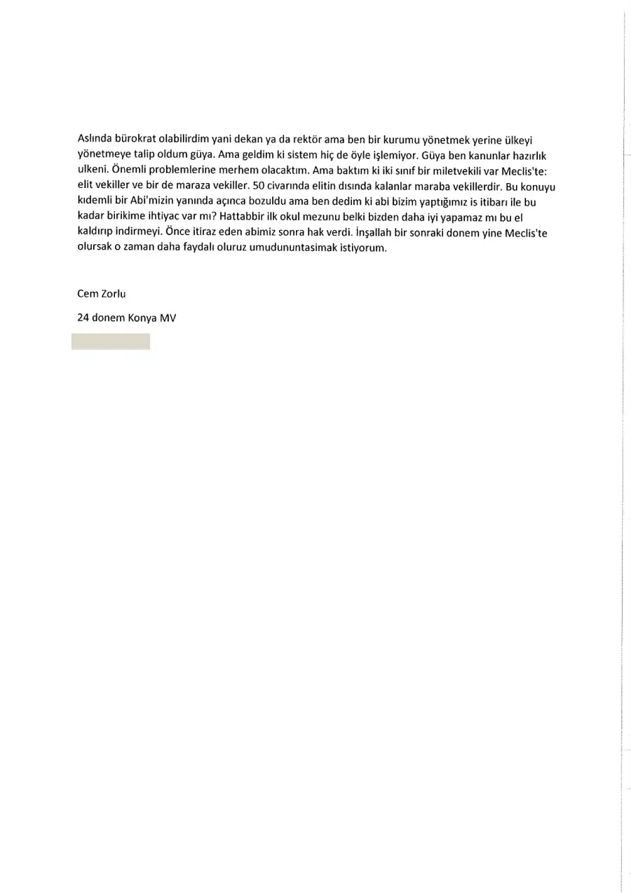 Cem Zorlu mektubunun ilk sayfası