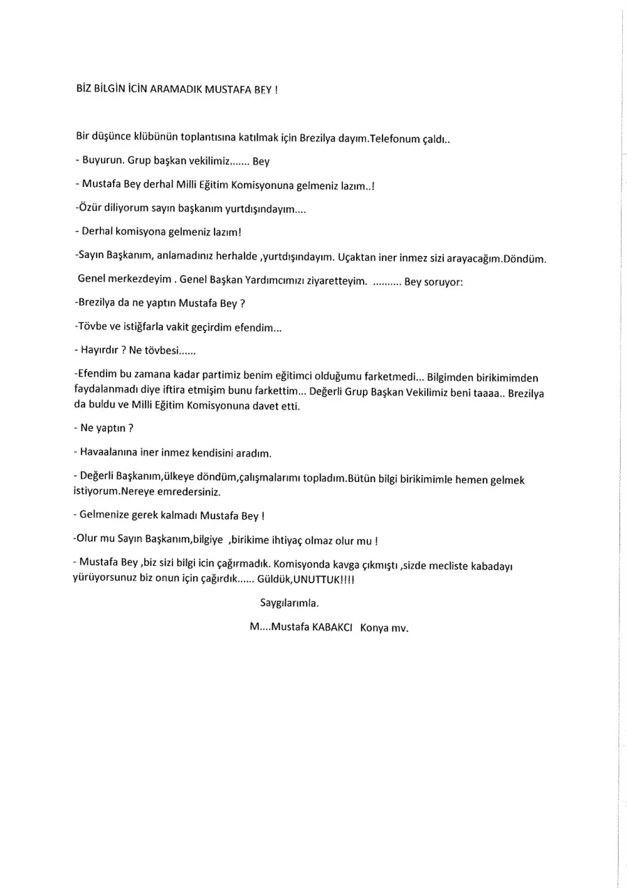Mustafa Kabakcı mektubunun ilk sayfası