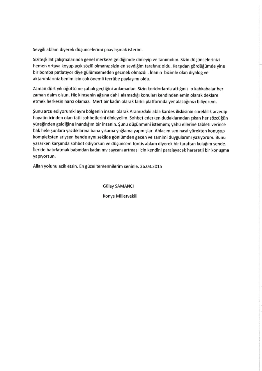 Gülay Samancı mektubunun ilk sayfası