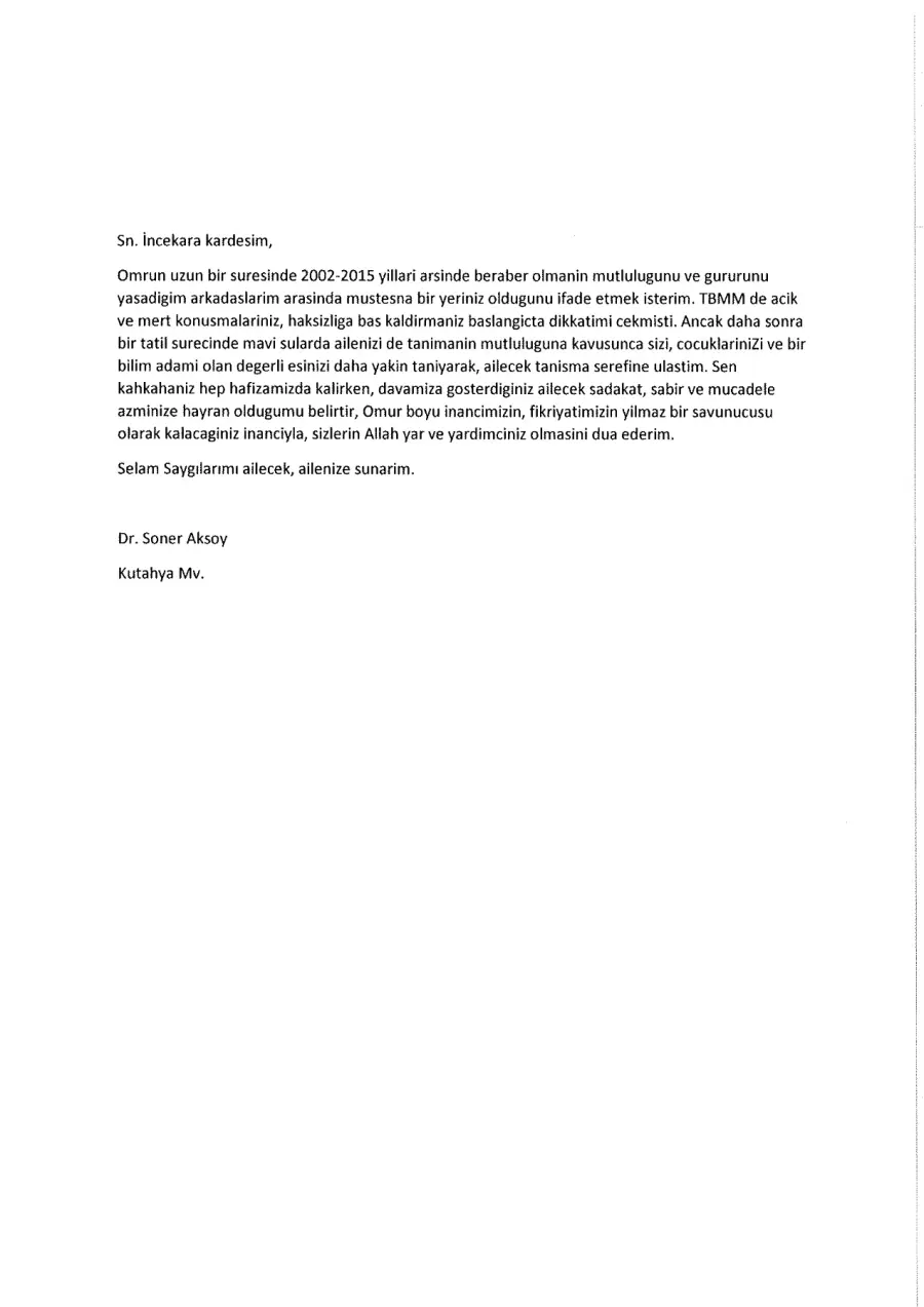 Dr. Soner Aksoy mektubunun ilk sayfası