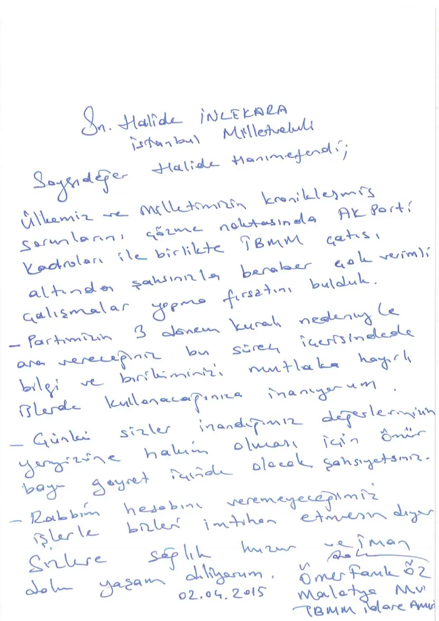 Ömer Faruk Öz mektubunun ilk sayfası