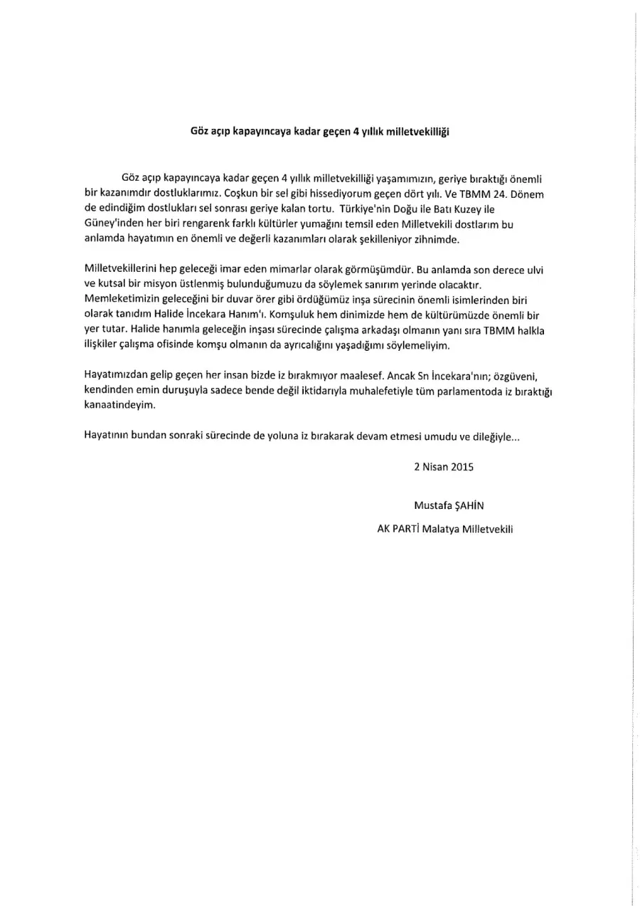 Mustafa Şahin mektubunun ilk sayfası