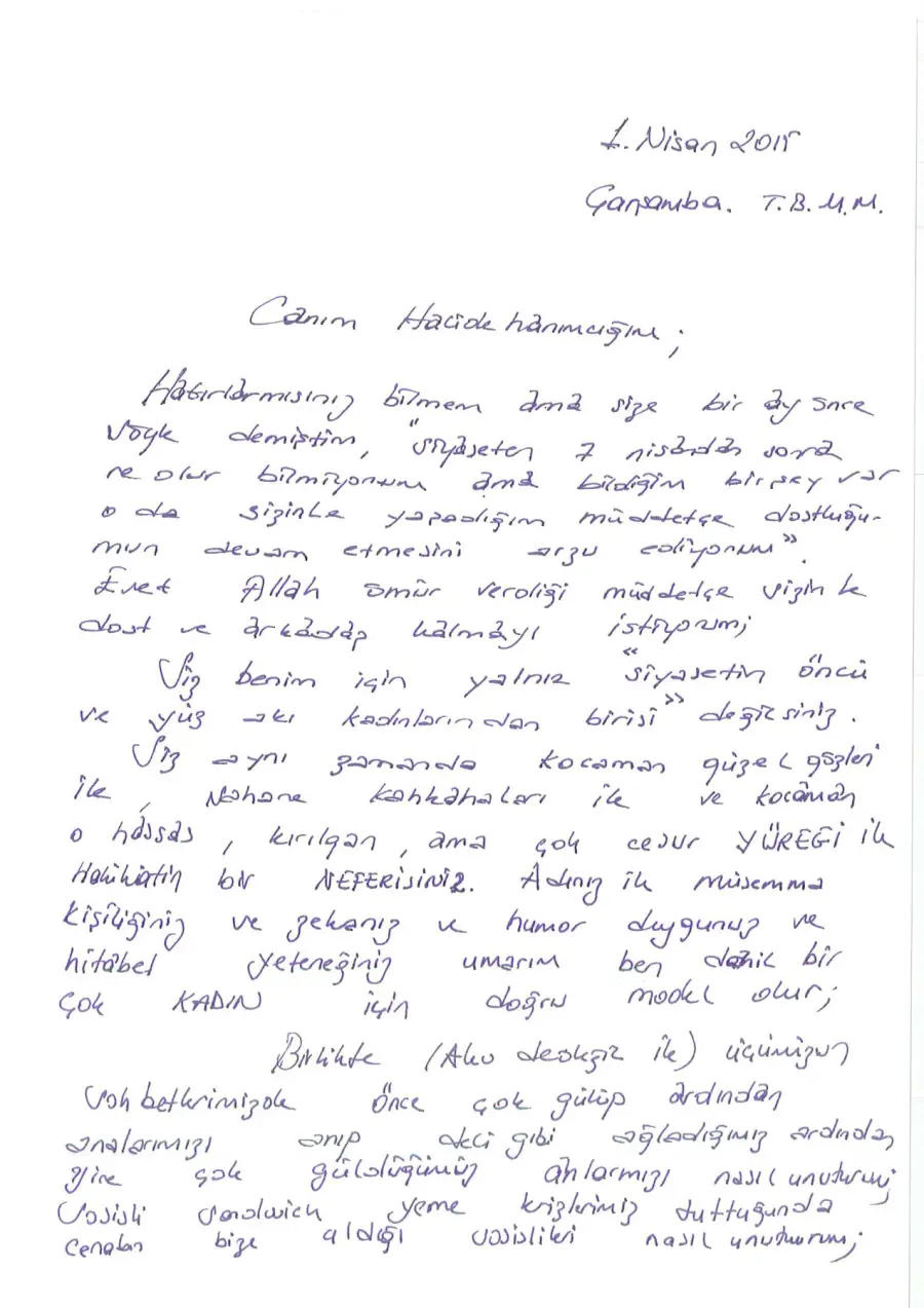 Çiğdem Münevver Ökten mektubunun ilk sayfası