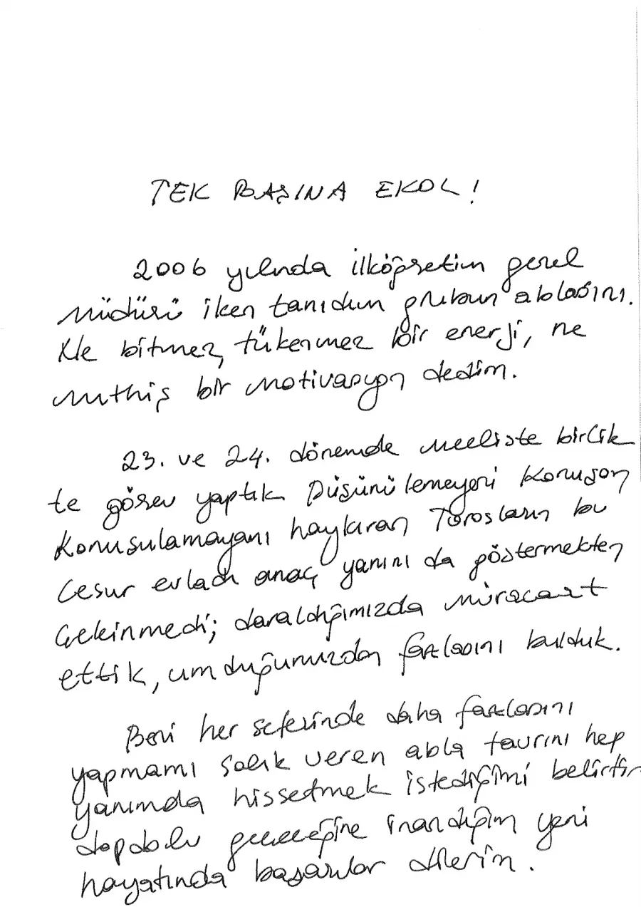 Yüksel Özden mektubunun ilk sayfası