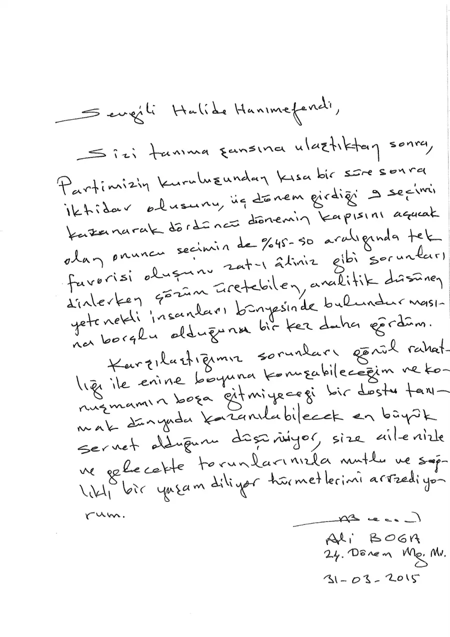 Ali Boğa mektubunun ilk sayfası