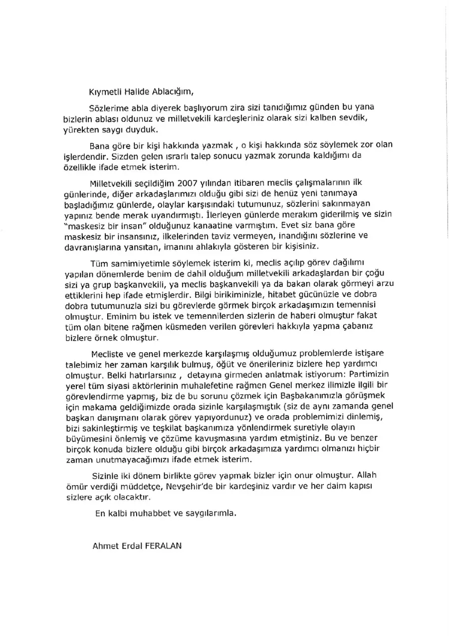 Ahmet Erdal Feralan mektubunun ilk sayfası