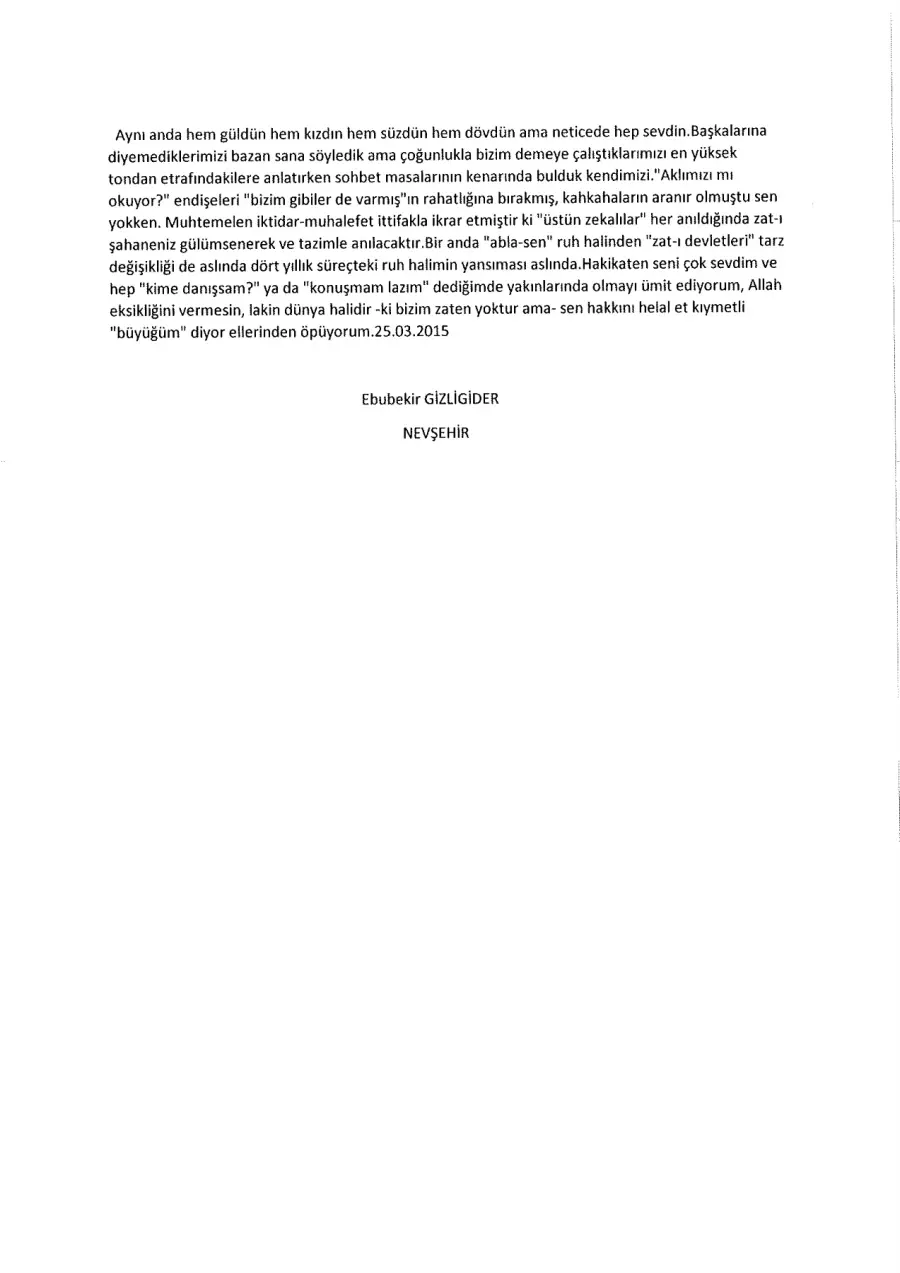 Ebubekir Gizligider mektubunun ilk sayfası