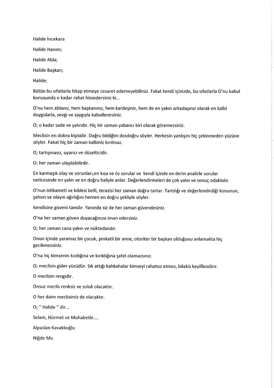 Alpaslan Kavaklıoğlu mektubunun ilk sayfası
