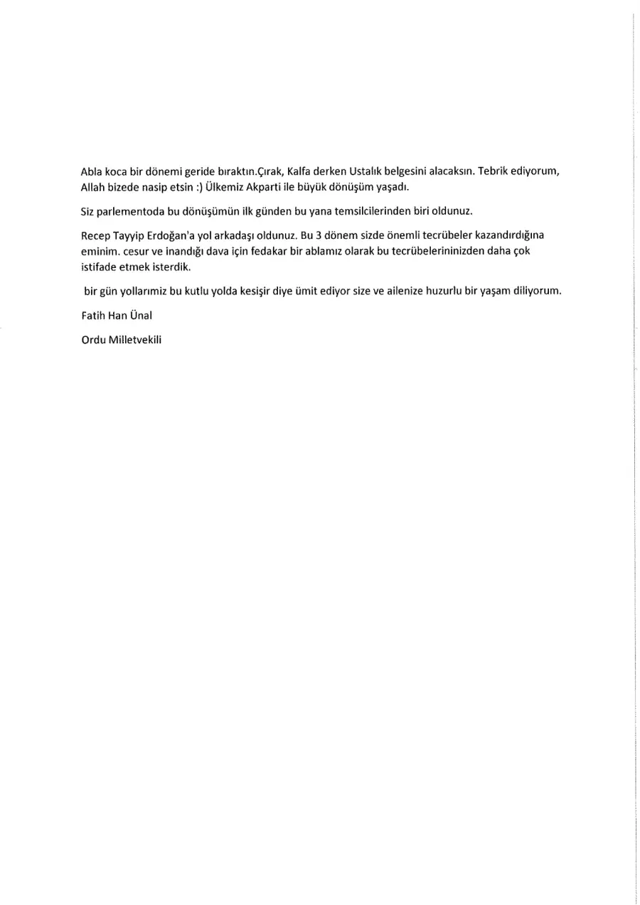 Fatih Han Ünal mektubunun ilk sayfası