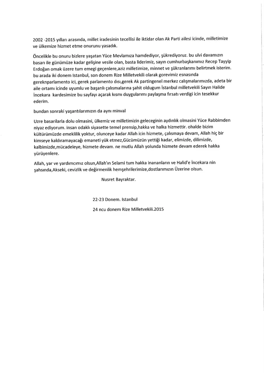 Nusret Bayraktar mektubunun ilk sayfası