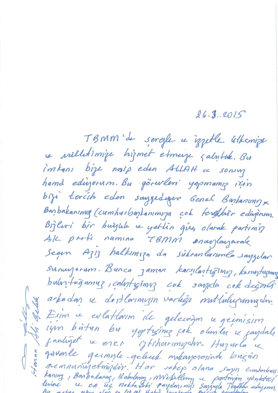 Hasan Ali Çelik mektubunun ilk sayfası