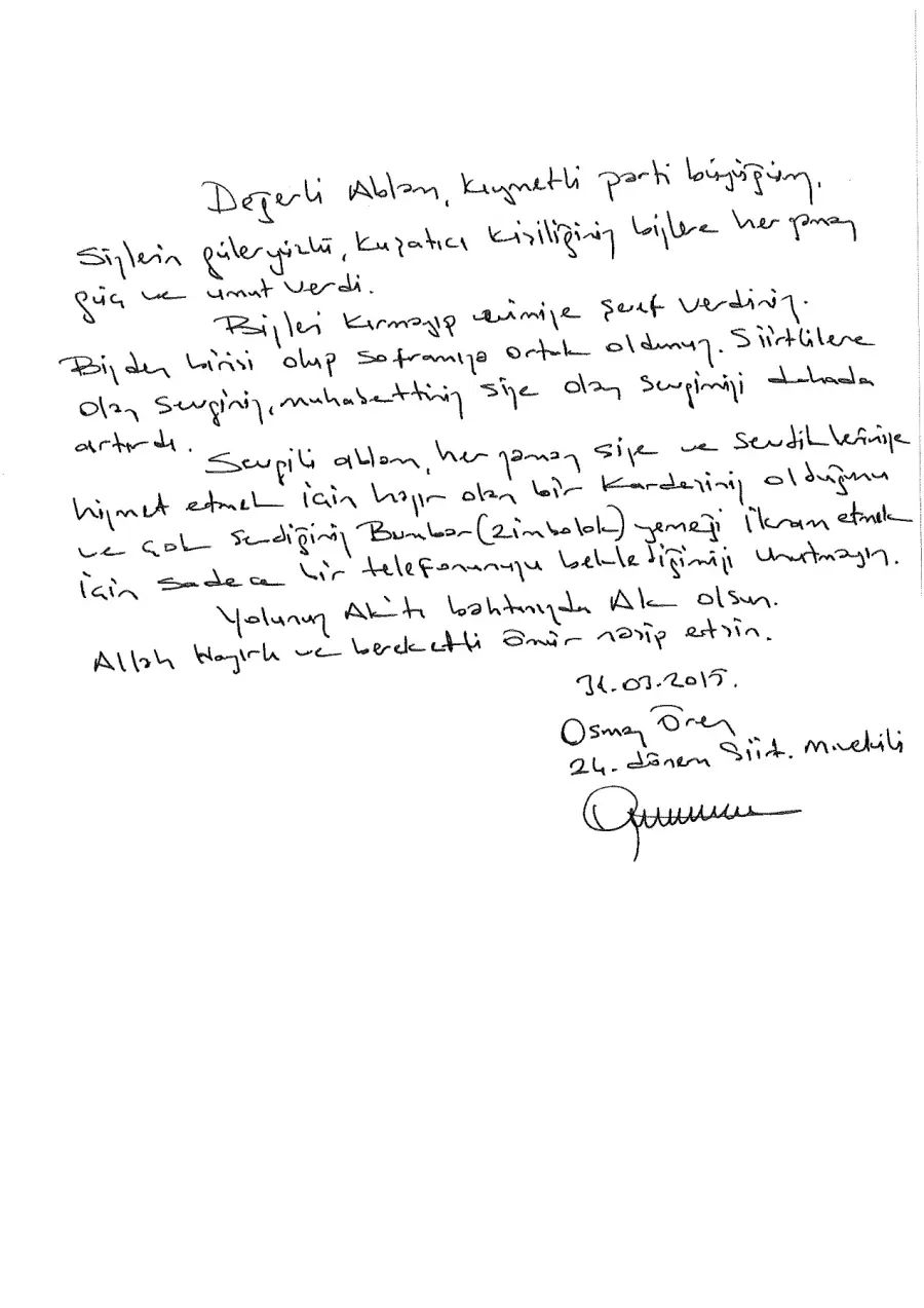 Osman Ören mektubunun ilk sayfası