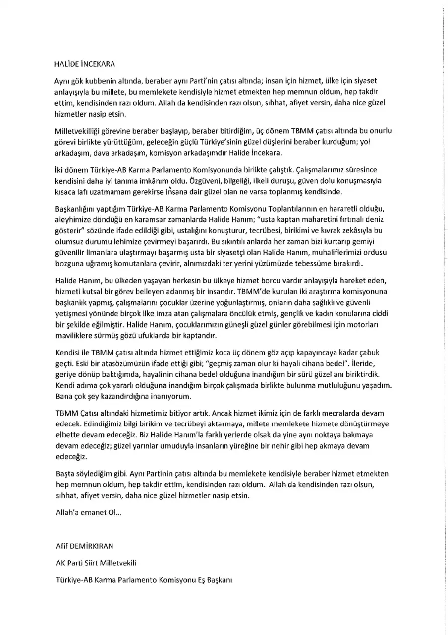 Afif Demirkıran mektubunun ilk sayfası