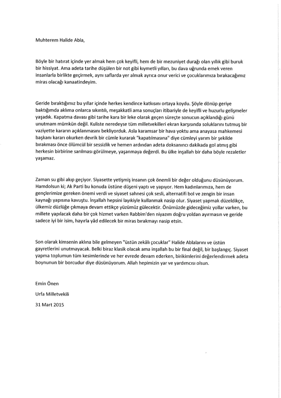 Emin Önen mektubunun ilk sayfası