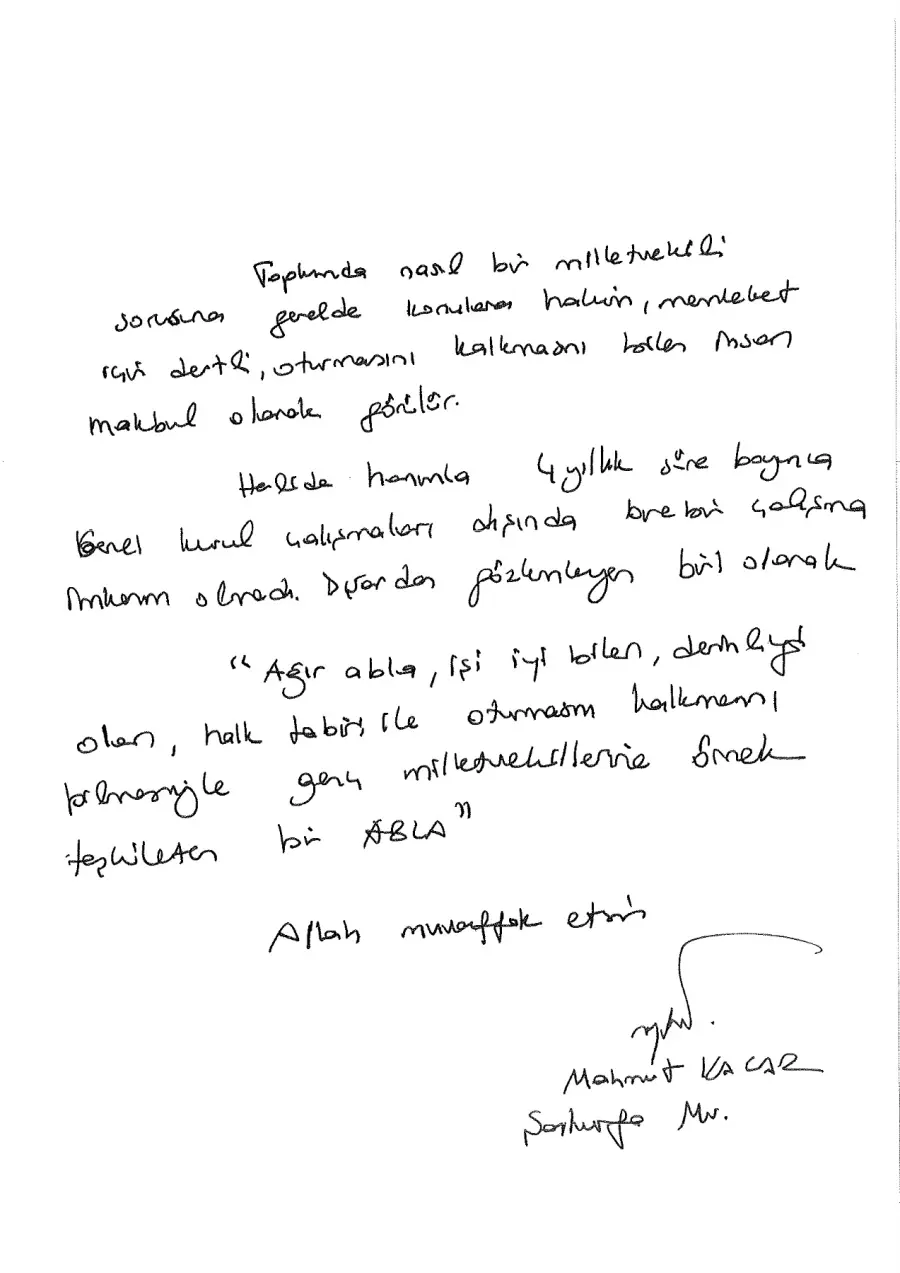 Mahmut Kaçar mektubunun ilk sayfası