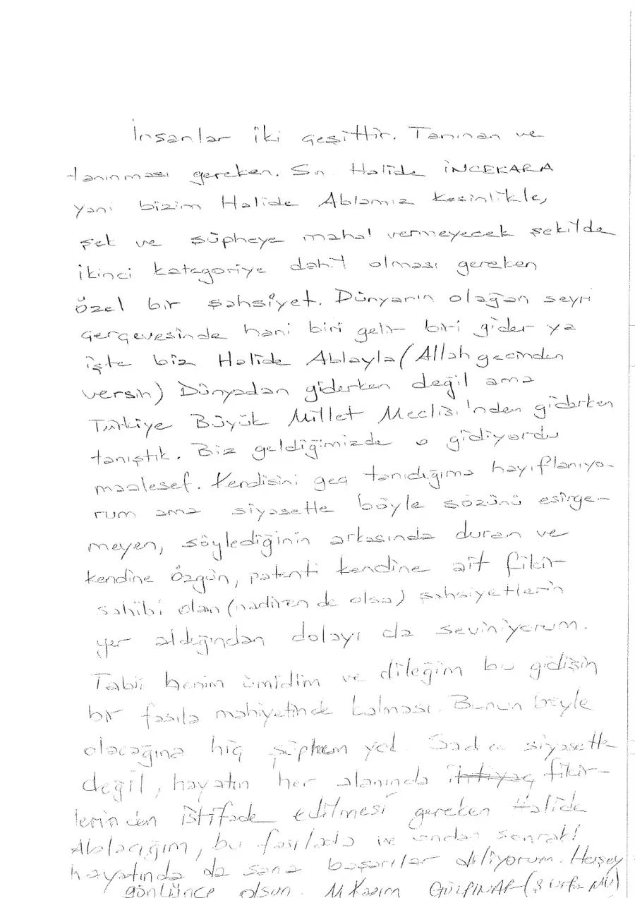 M. Kasım Gülpınar mektubunun ilk sayfası