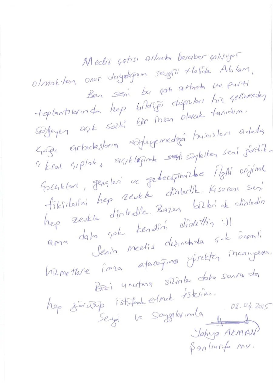Yahya Akman mektubunun ilk sayfası