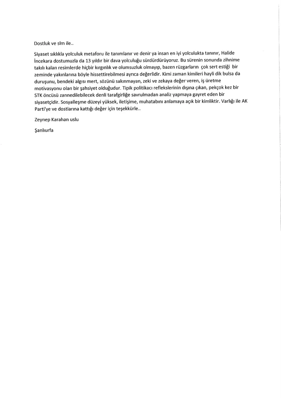 Zeynep Karahan Uslu mektubunun ilk sayfası