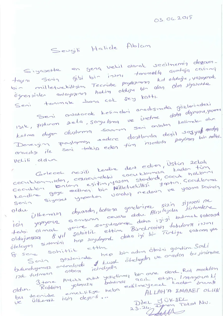 Dilek Yüksel mektubunun ilk sayfası