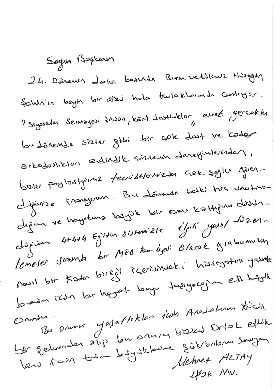 Mehmet Altay mektubunun ilk sayfası