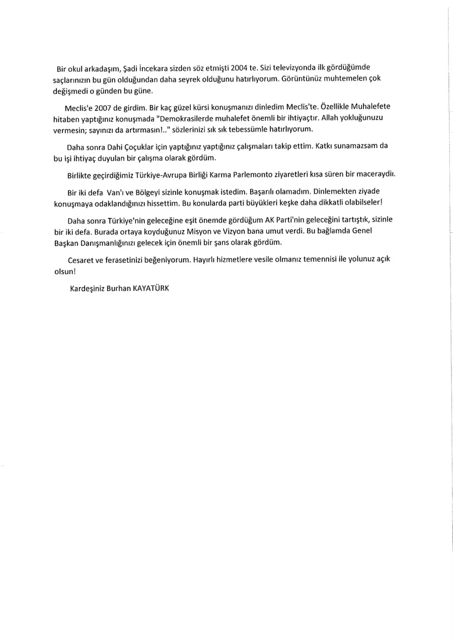Burhan Kayatürk mektubunun ilk sayfası