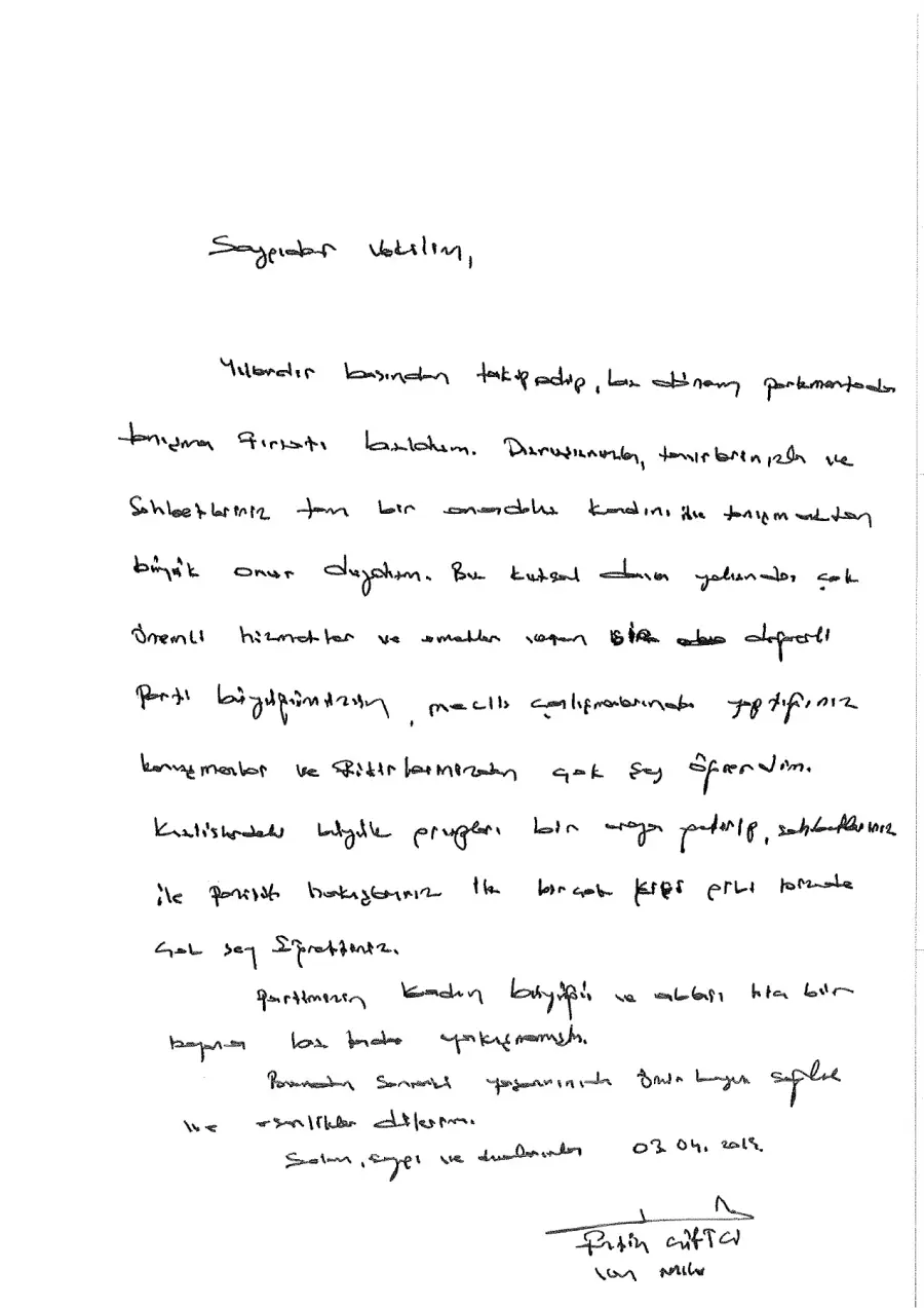 Fatih Çiftçi mektubunun ilk sayfası