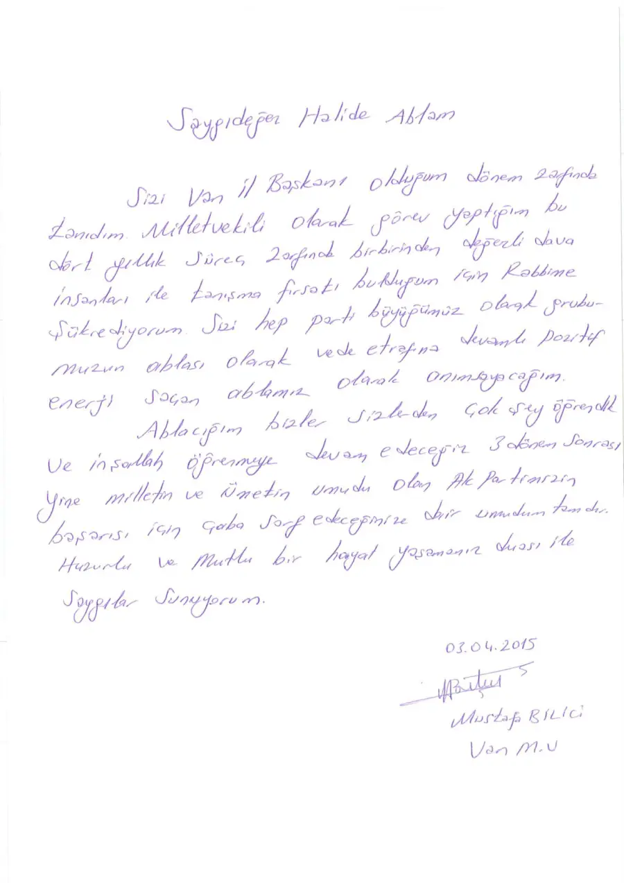 Mustafa Bilici mektubunun ilk sayfası
