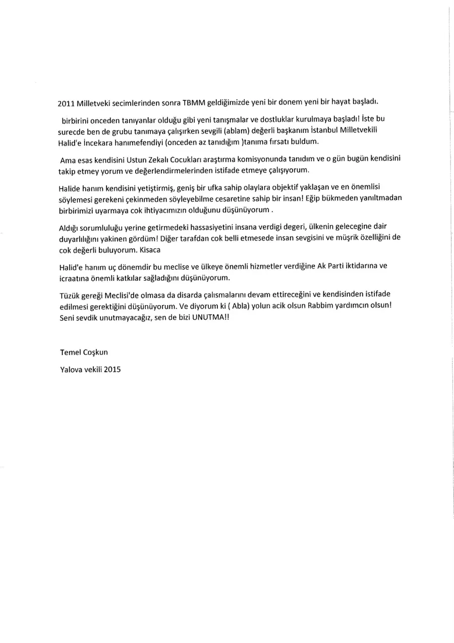 Temel Coşkun mektubunun ilk sayfası