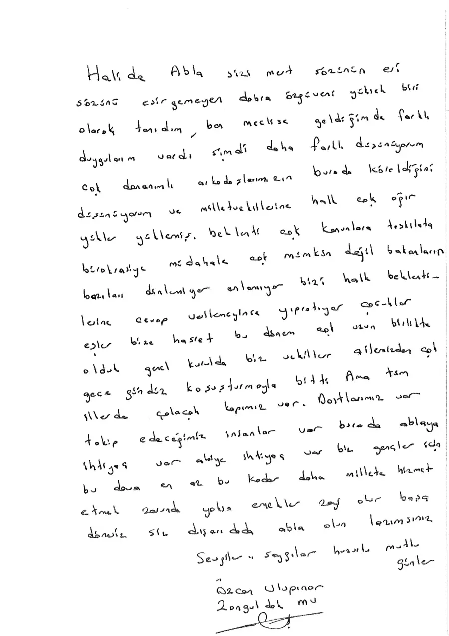 Özcan Ulupınar mektubunun ilk sayfası