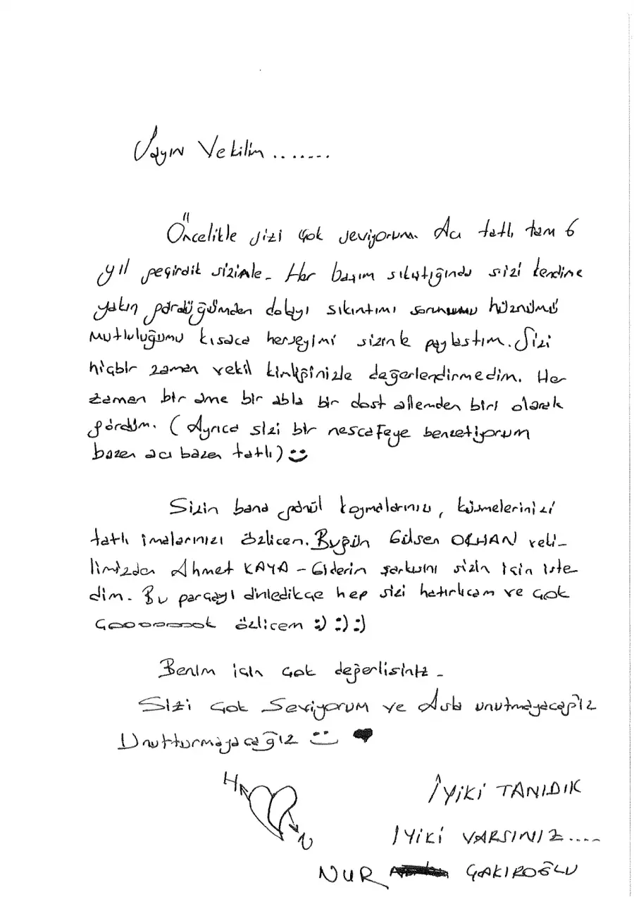 Nur Çakıroğlu mektubunun ilk sayfası