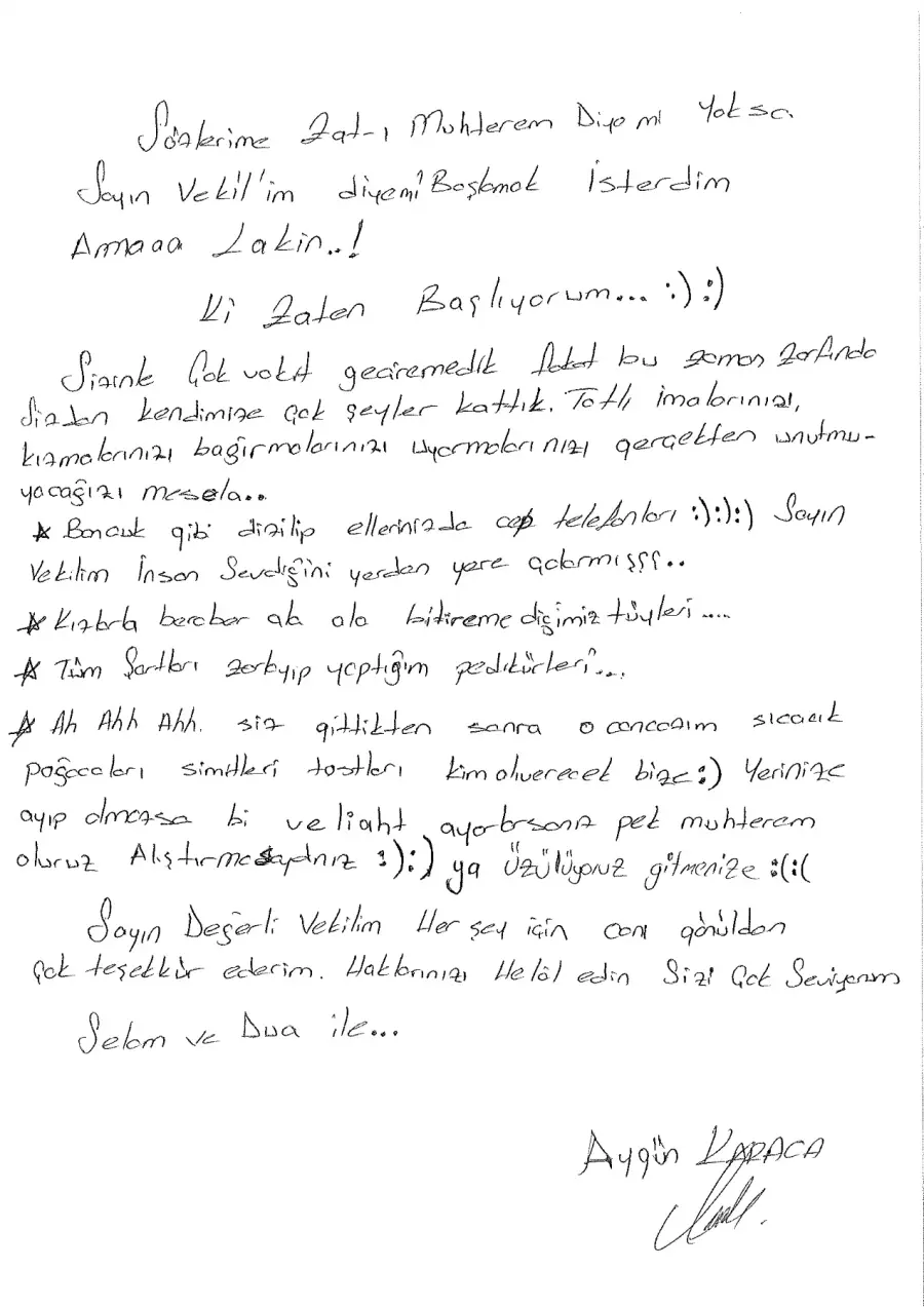 Aygün Karaca mektubunun ilk sayfası
