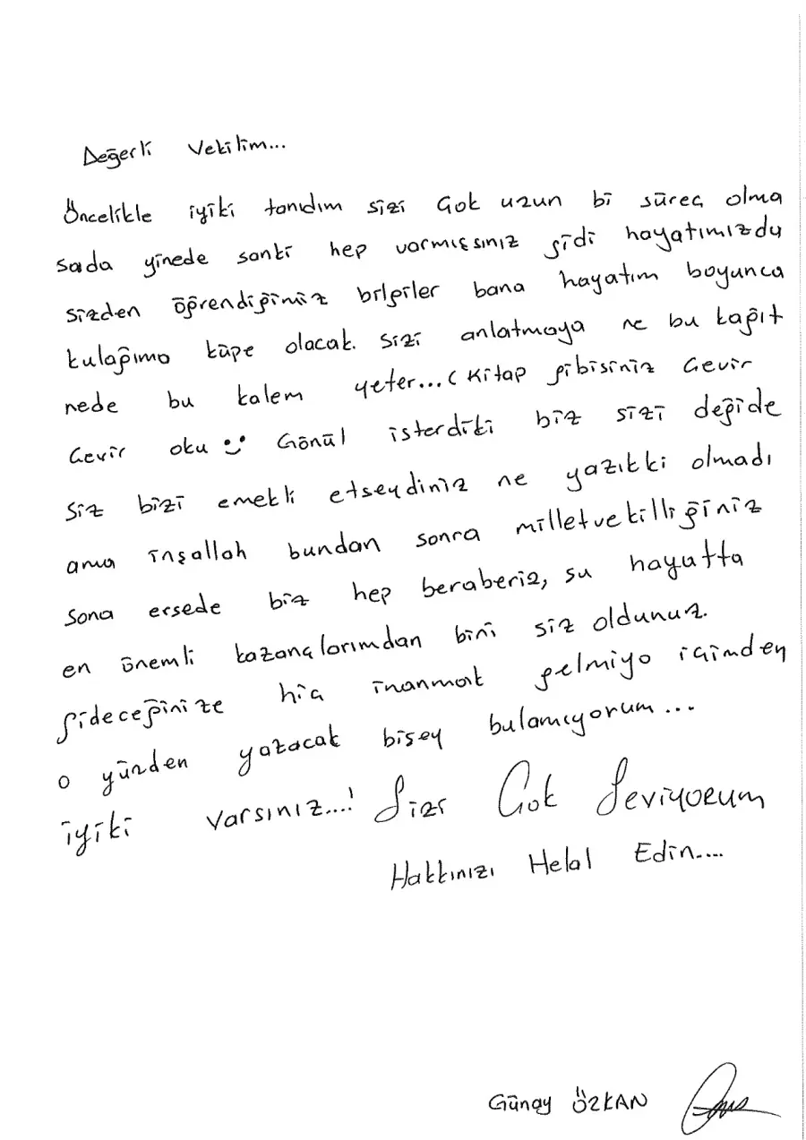 Günay Özkan mektubunun ilk sayfası