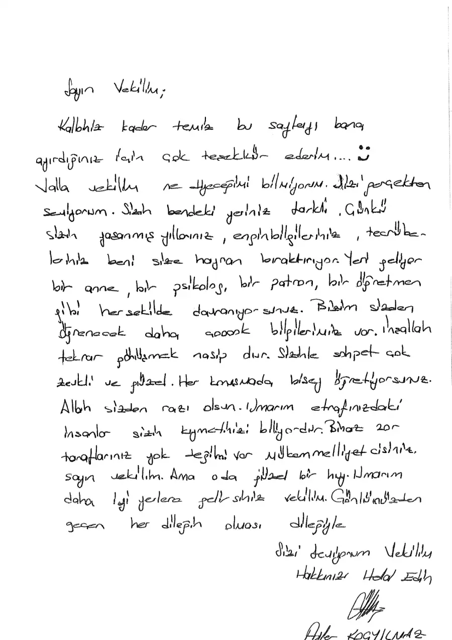 Adile Koçyılmaz mektubunun ilk sayfası